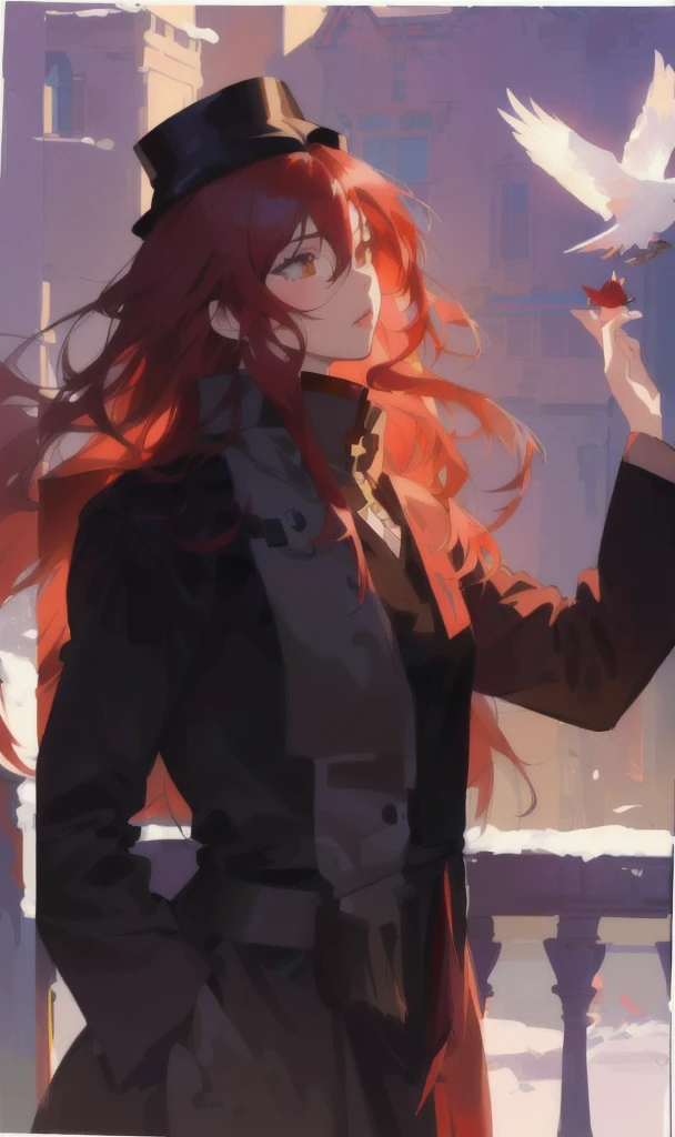 anime girl with long red hair and hat holding a bird, artwork in the style of guweiz, painted in anime painter studio, ilya kuvshinov with long hair, guweiz, made with anime painter studio, artgerm and atey ghailan, beautiful anime portrait, anime girl with long hair, beautiful character painting, loish art style