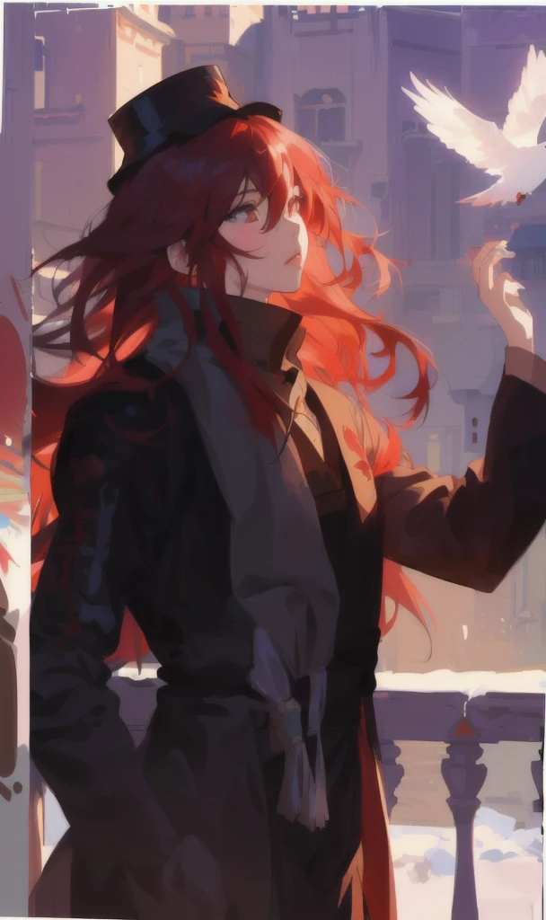 anime girl with long red hair and hat holding a bird, artwork in the style of guweiz, painted in anime painter studio, ilya kuvshinov with long hair, guweiz, made with anime painter studio, artgerm and atey ghailan, beautiful anime portrait, anime girl with long hair, beautiful character painting, loish art style