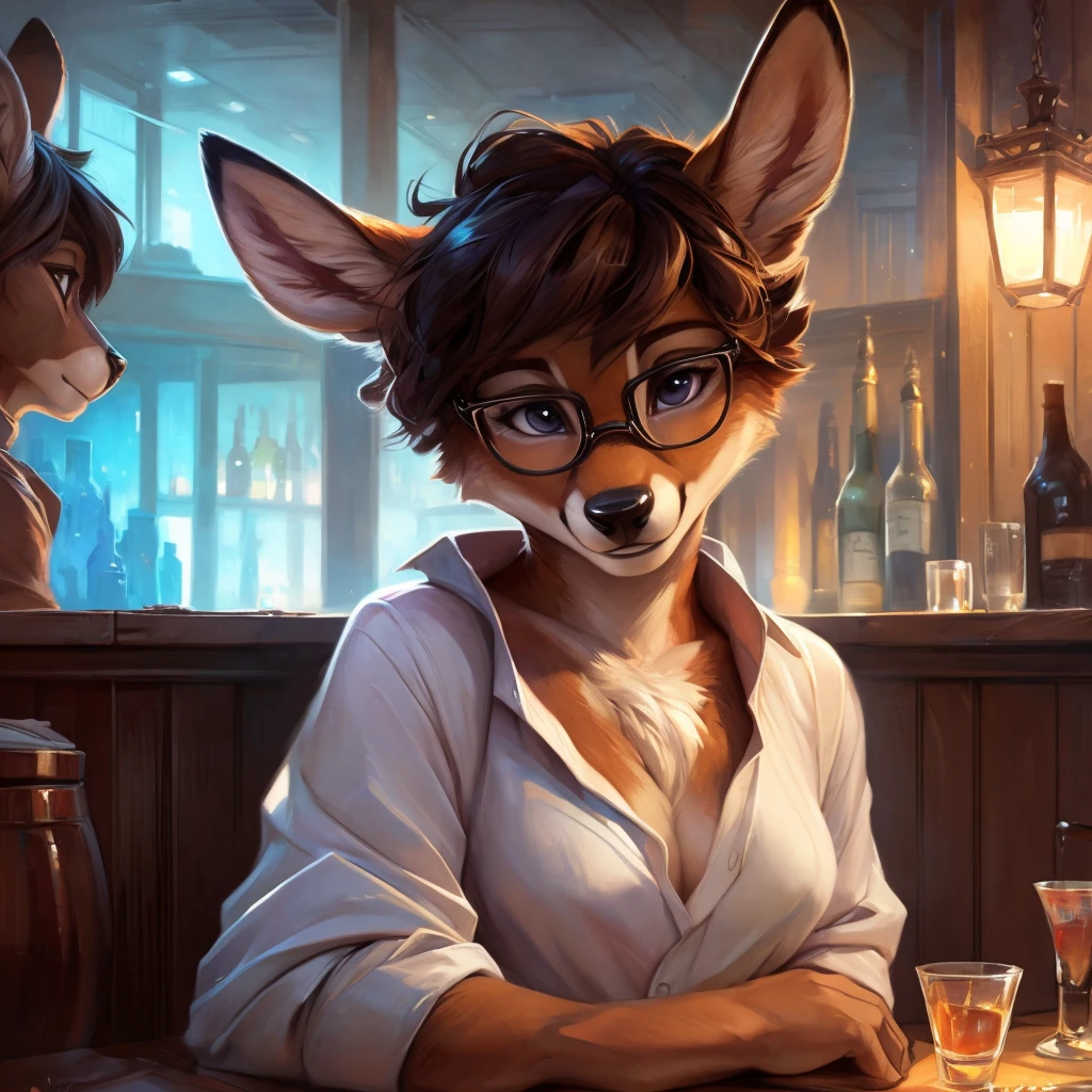 uploaded on e621, by Pixelsketcher, by Bayard Wu, by Thomas Benjamin Kennington , by Einshelm, by hioshiru and kenket, Chunie, portrait, solo anthro female deer doe, tiny featureless breasts, tiny breasts, clear dark blue, cinematic lighting, night, sitting inside at a party bar, party background, shiny, short curly dark brown hair, short hair, wears big black nerd glasses, very very beautiful furry art, furry art, thoughtful, shiny, feminine, cute face, muzzle, fluffy chest, flawless face, Fallow deer, 1girl, Sakimichan is beautiful, Masterpiece, Wavethesallow Face, shiny, Detailed image, Detailed background, portrait, Detailed image, portrait, wears pure white wide, big blouse, shiny, realistic face, perfect anatomy, hourglass body, anthropomorphic deer, happy, very happy, small ears, huge black nerd glasses, wide happy eyes, smiles, big smile, holdind a cocktail glass, hourglass body, (furry body:1.1), anthropomorphic deer, small fluffy tail, detailed background, (cute anatomy:1.1), looks into the distance, sexy, sexy look