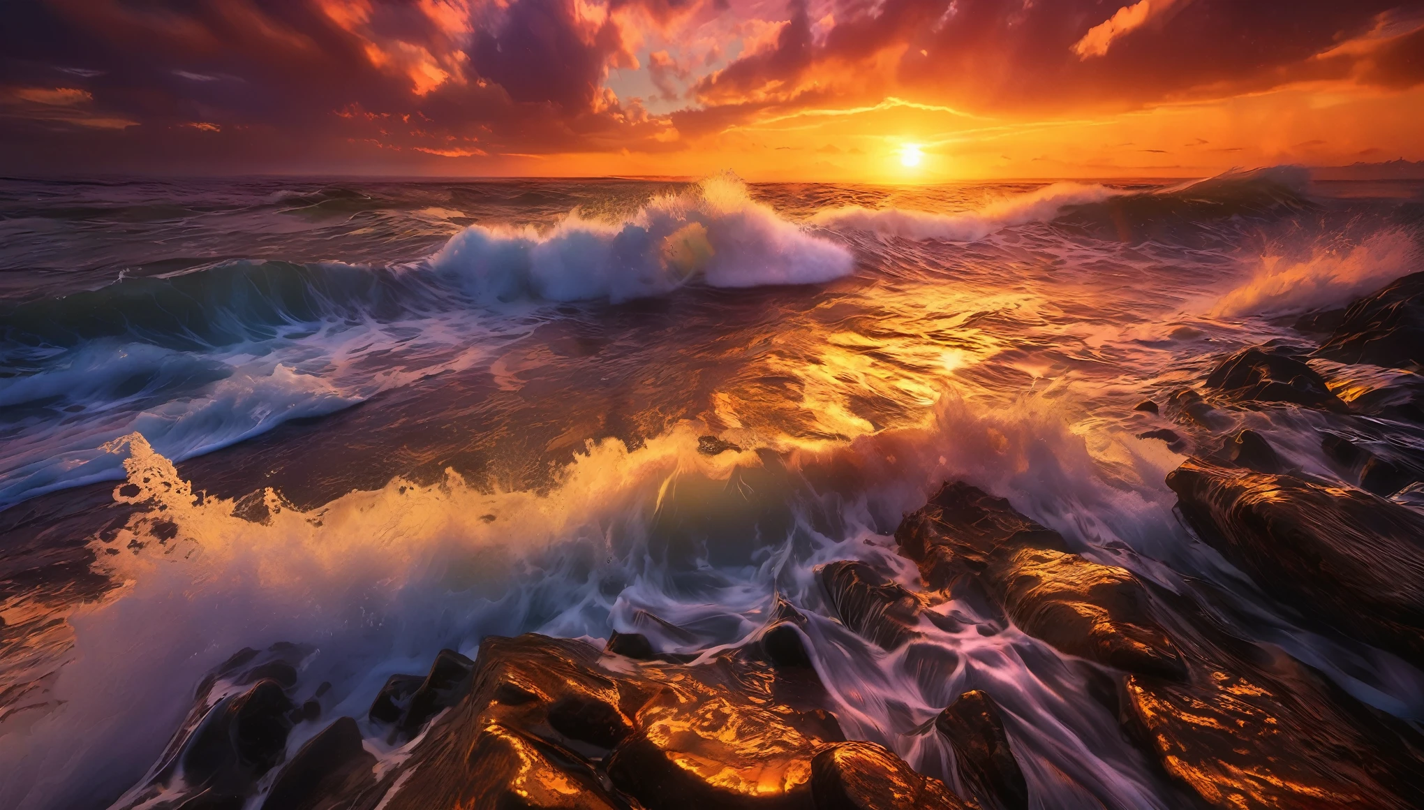 arafed view of a sunset over the ocean with waves crashing, chaotic sea setting, vibrant sunrise, breathtaking colors, breathtaking look, vibrant sunset, breathtaking composition, beautiful sea landscapes, stunning sunset, magnificent background, sunset glow, beautiful background, beautiful dreamy breathtaking, marc adamus, warm beautiful scene, epic sunset, beautiful sunset, beautiful sunset glow, beautiful ocean
