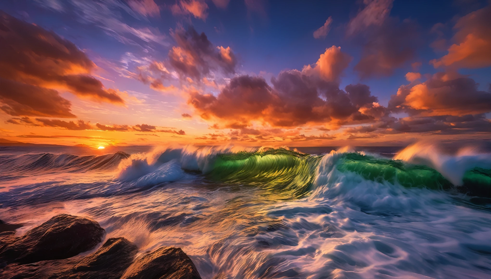 arafed view of a sunset over the ocean with waves crashing, chaotic sea setting, vibrant sunrise, breathtaking colors, breathtaking look, vibrant sunset, breathtaking composition, beautiful sea landscapes, stunning sunset, magnificent background, sunset glow, beautiful background, beautiful dreamy breathtaking, marc adamus, warm beautiful scene, epic sunset, beautiful sunset, beautiful sunset glow, beautiful ocean