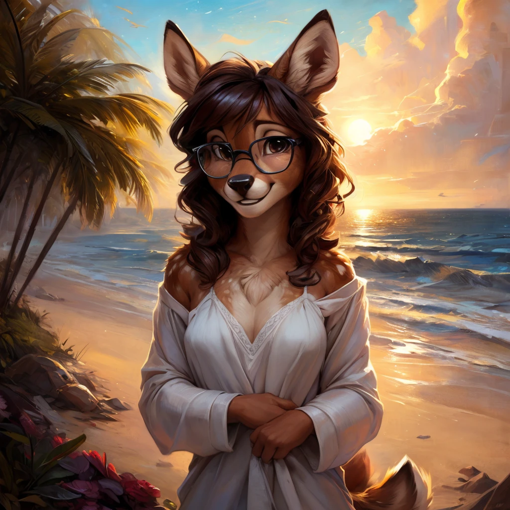 uploaded on e621, by Pixelsketcher, by Bayard Wu, by Thomas Benjamin Kennington , by Einshelm, by hioshiru and kenket, Chunie, portrait, solo anthro female deer doe, with small featureless breasts, clear dark blue, cinematic lighting, day, sunny day, beach, stays in the sea, sea background, mediterranean background, horizon background, shiny, short curly dark brown hair, wears big black nerd glasses, very very beautiful furry art, furry art, smiling, joyful, shiny, happy, feminine, cute face, muzzle, fluffy chest, flawless face, Fallow deer, 1girl, Sakimichan is beautiful, Masterpiece, Wavethesallow Face, shiny, Detailed image, portrait, Detailed image, portrait, full body, wearing wide, long, white blouse, shiny, realistic face, perfect anatomy, hourglass body, (furry body:1.1), anthropomorphic deer, small fluffy tail, detailed background, (cute anatomy:1.1), windy, smiling, very happy, happy
