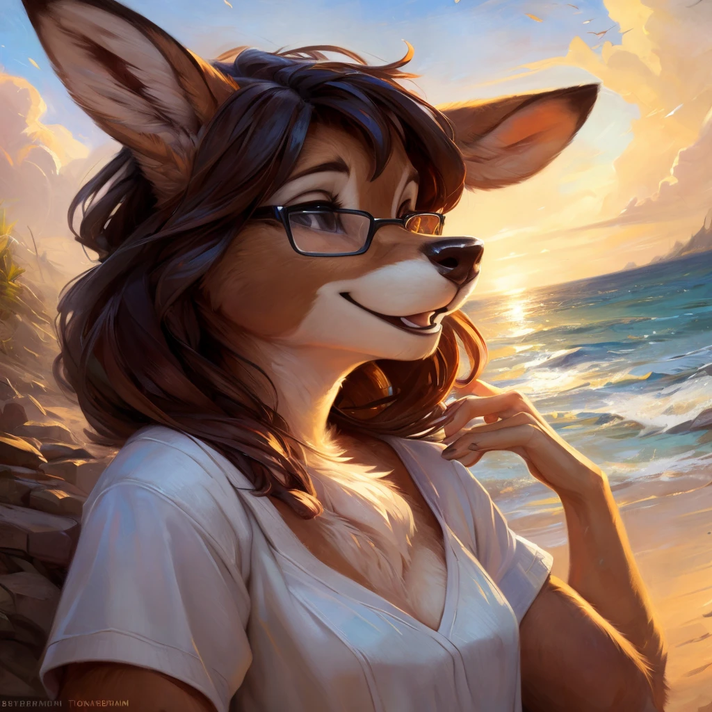 uploaded on e621, by Pixelsketcher, by Bayard Wu, by Thomas Benjamin Kennington , by Einshelm, by hioshiru and kenket, Chunie, portrait, solo anthro female deer doe, with small featureless breasts, clear dark blue, cinematic lighting, day, sunny day, beach, stays in the sea, sea background, mediterranean background, horizon background, shiny, short curly dark brown hair, wears big black nerd glasses, very very beautiful furry art, furry art, smiling, joyful, shiny, happy, feminine, cute face, muzzle, fluffy chest, flawless face, Fallow deer, 1girl, Sakimichan is beautiful, Masterpiece, Wavethesallow Face, shiny, Detailed image, portrait, Detailed image, portrait, full body, wearing wide, long, white blouse, shiny, realistic face, perfect anatomy, hourglass body, (furry body:1.1), anthropomorphic deer, small fluffy tail, detailed background, (cute anatomy:1.1), windy, smiling, very happy, happy
