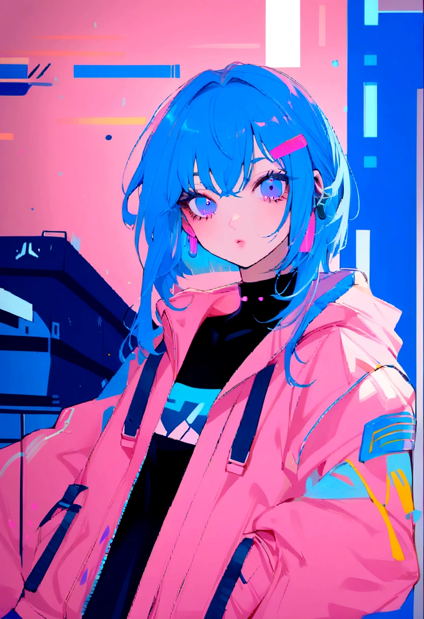 (1 Girl), Bob Hair, Light blue hair, Pink Eyes, Long eyelashes, Large tear bags, Colorful images, cyber punk, pop, Upper Body