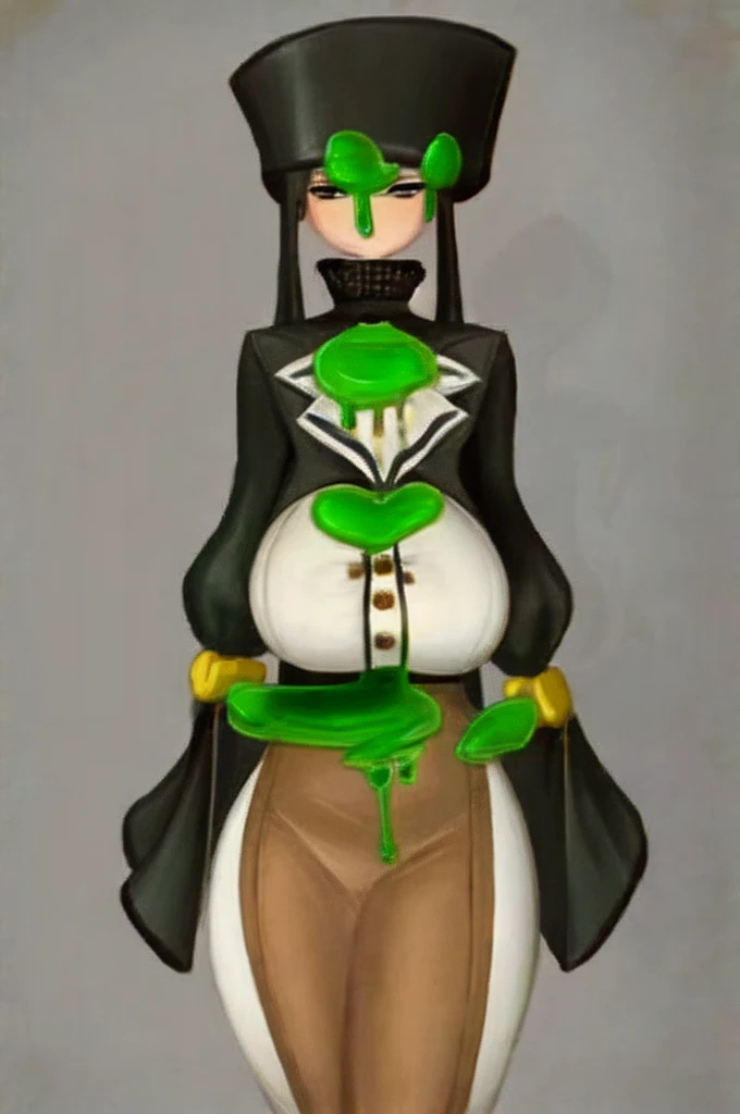 Slime, (monster girl), green slime with darker green, dripping with yellow ooze, clothed, masterpiece, best quality, large breasts, sexy