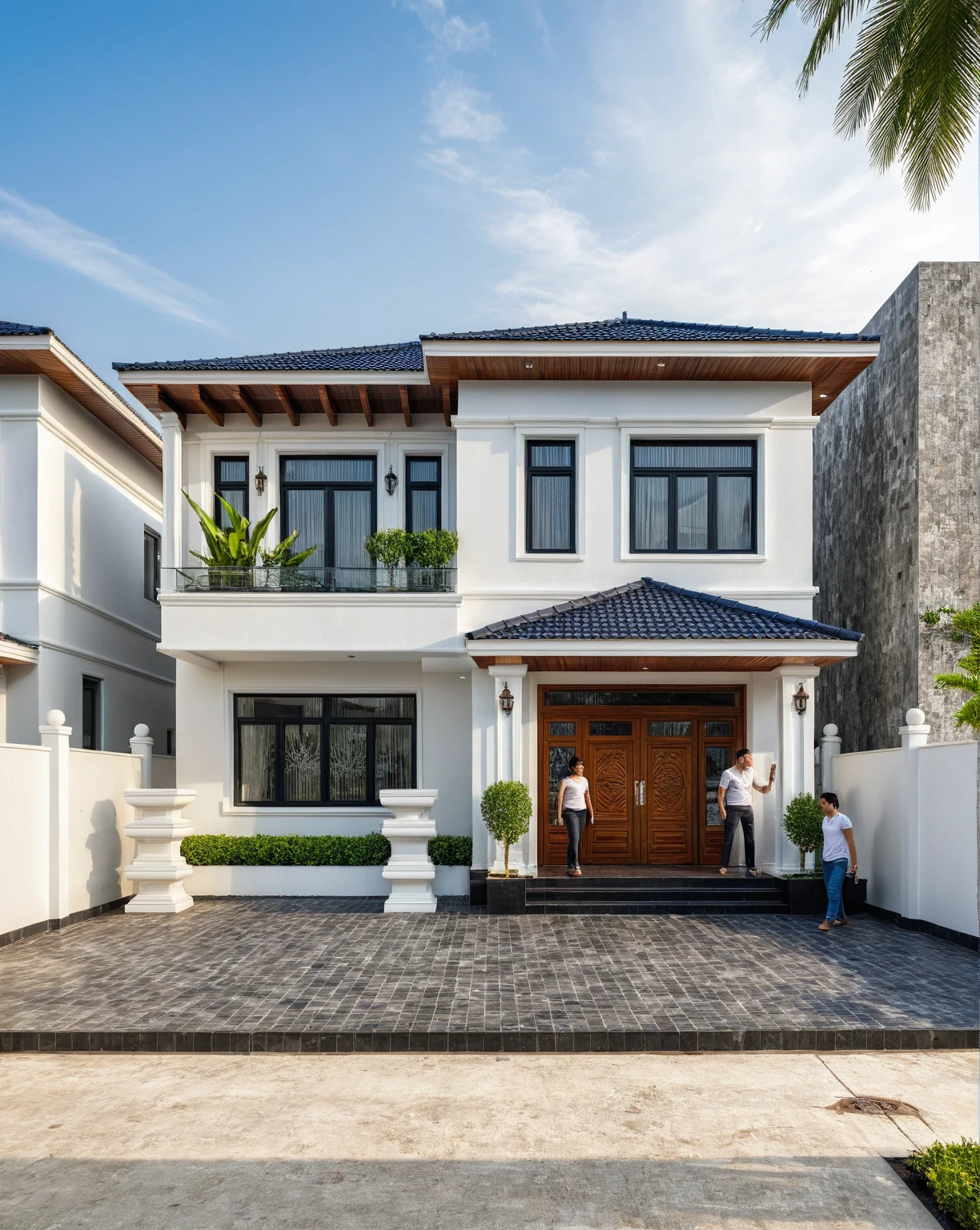 (masterpiece:1.2), best quality, photo of A two-story modern house in VietNam with white walls and dark tiles on the roof., tree and plant environment,daylight, streetcapes, natural light, vivid color, The exterior of an elegant single family home features large windows, a dark gray door frame.