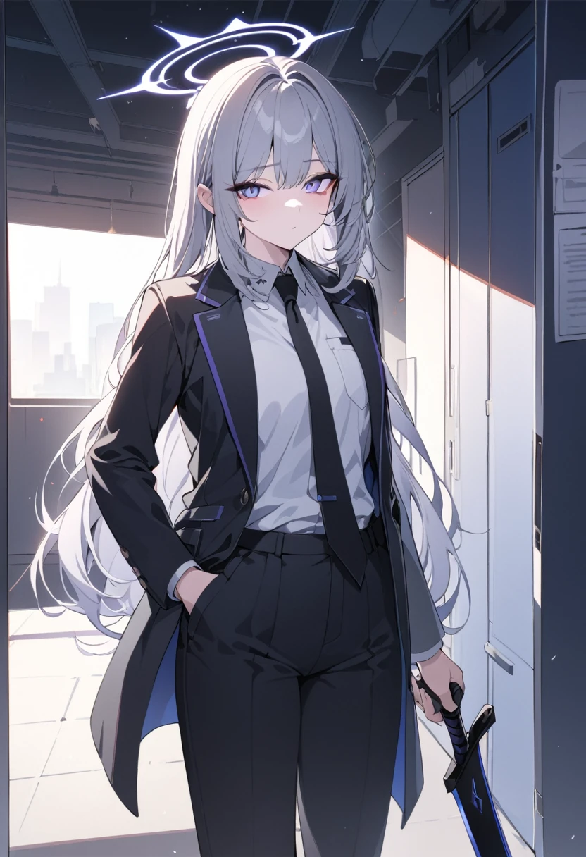 (Highest quality), (High resolution), (masterpiece), (Very detailed), (Bright saturation), (Very detailed目), (Very detailed手), Long hair, Gray Hair, (Purple and Blue Odd-Eye), Blue Archive Style, 1People Girls, Brandishing a black sword in his right hand, Left hand in pocket, Girl, (Black long coat, White shirt, Black tie, Black trousers), Show the whole body, Expressionless, Vivid saturation, Black Halo