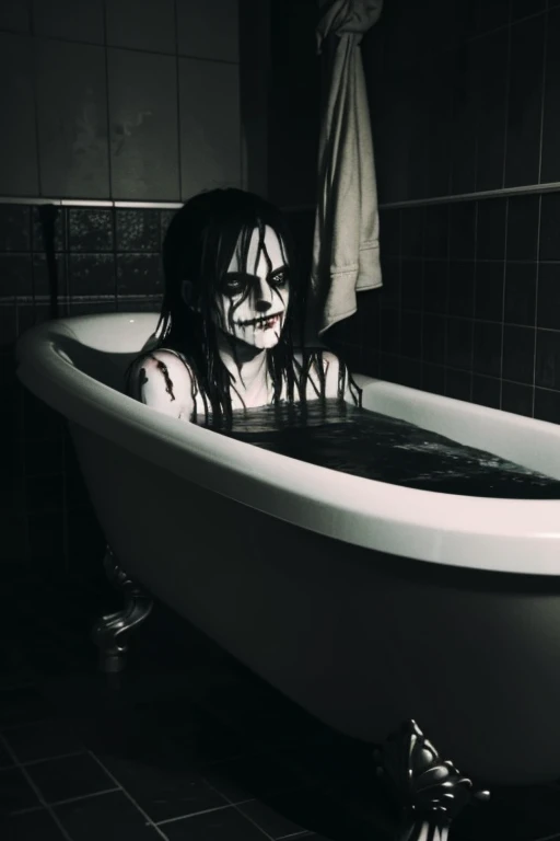 a creepy Jeff the killer bathing in a tub, highly detailed, dark and sinister atmosphere, grungy bathroom, dramatic shadows, eerie lighting, disturbing, unsettling, horror, gritty, cinematic, masterpiece, 8k, hyper-realistic, chiaroscuro, moody, shocked expression, hiding from the viewer,