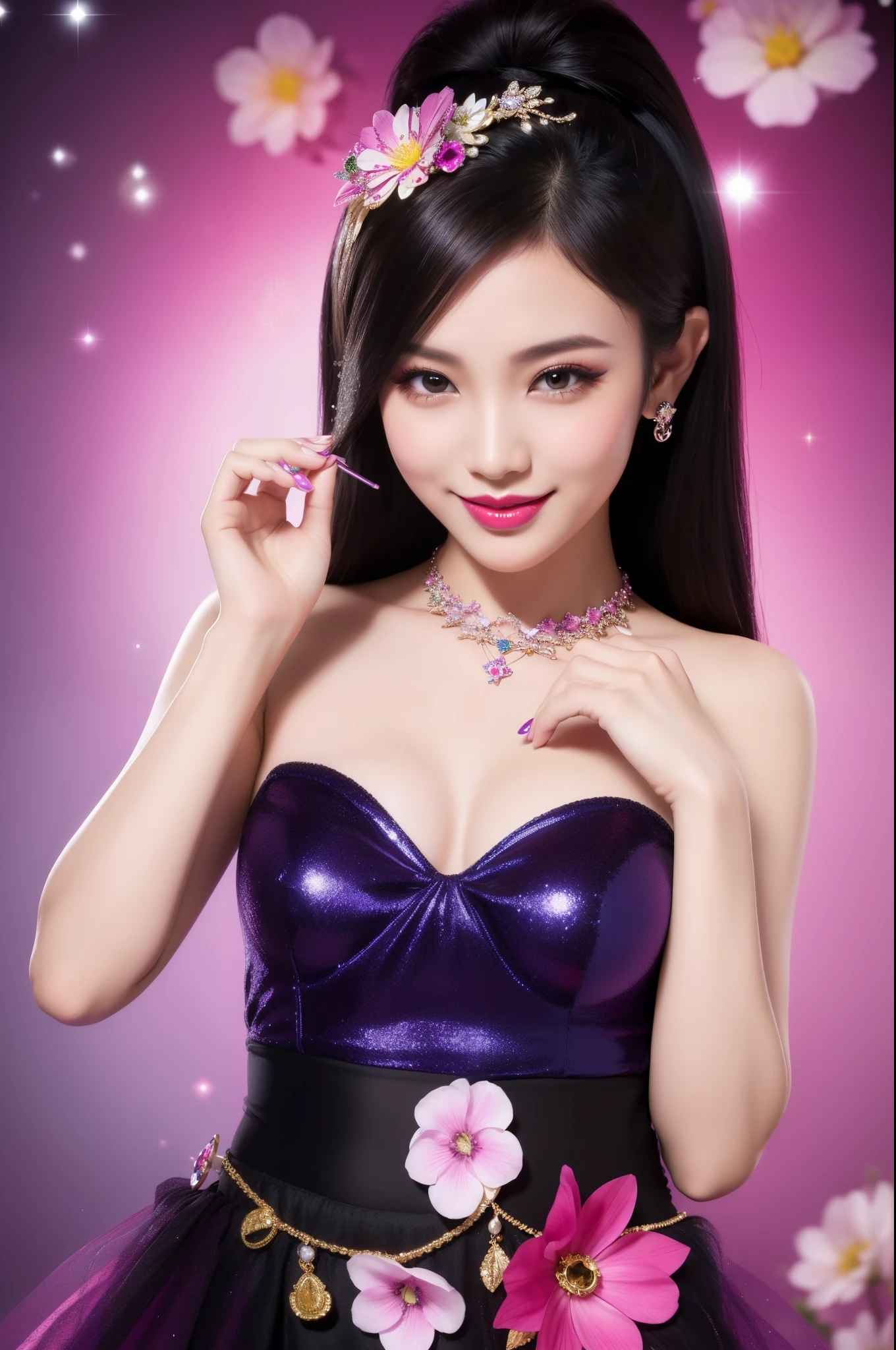 sexy Thai model who controls poison、beautiful smile、lip-gloss、bold lipstick、intense makeup、look at the camera、full body Esbian、、sparkling poisoned flower costume、、、、sparkling Colorful hair、secrete poison、skull hair accessories、sexy tights、shiny sparkling flowers background