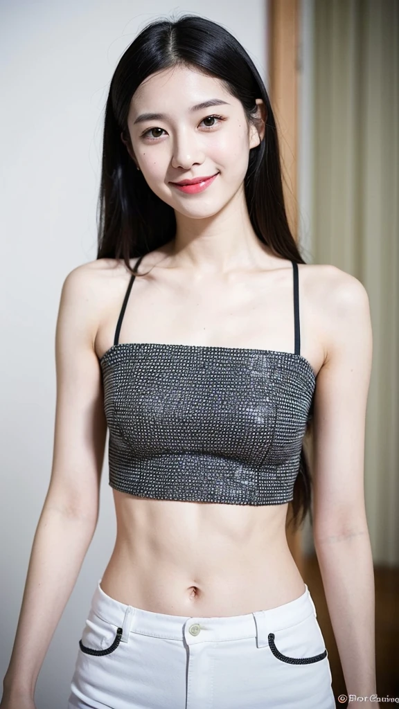 22-year-old girl, with gray eyes, pale white skin, slim figure, smiling, black hair, fashionable, doing crafts, photo taken with ultra-realistic professional camera
