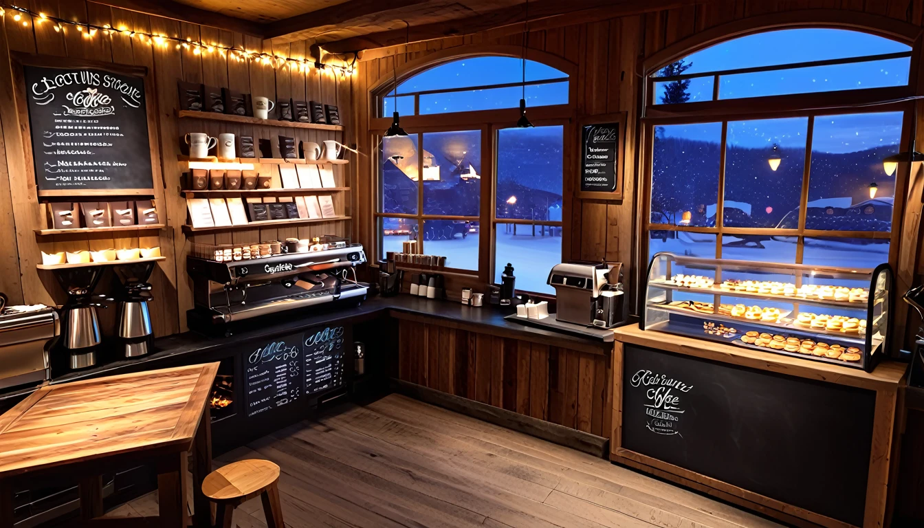 Create an image of a cozy coffee shoop with rustic interior with a roaring fireplace,one chalk board coffee menu,one barista table with barista tool on the barista table,food and coffe cup on the guest table,with and large windows offering a stunning view of a village at night. and be filled with warm lighting to contrast the cold, ling lights outside.And detailed such as coffee shop