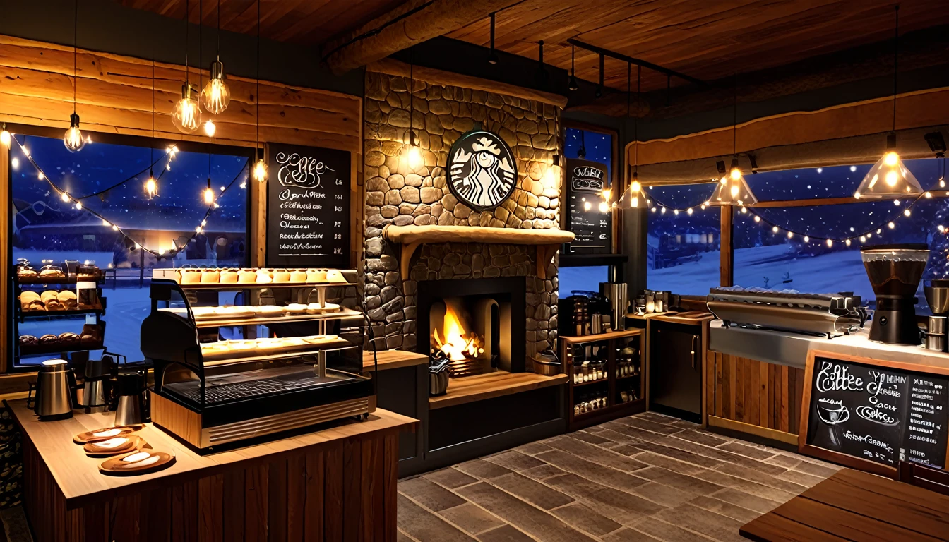 Create an image of a cozy coffee shoop with rustic interior with a roaring fireplace,one chalk board coffee menu,one barista table with barista tool on the barista table,food and coffe cup on the guest table,with and large windows offering a stunning view of a village at night. and be filled with warm lighting to contrast the cold, twinkling lights outside.And detailed such as coffee shop