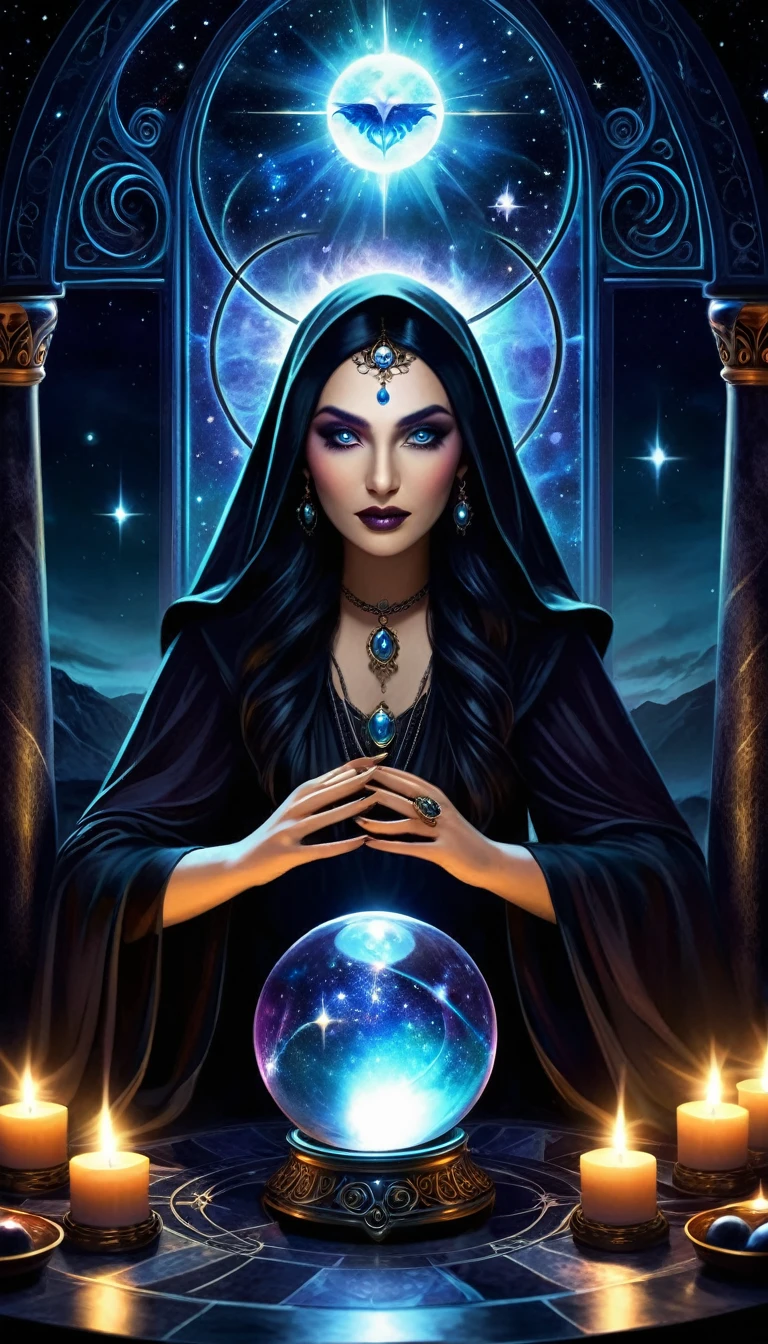 a dark fantasy astrologer, occult astrologer, astrologist, mystic, arcane astrologer, astral projection, astral plane, astral magic, astral energy, dark occult, dark ritual, dark magic, dark forces, dark alchemy, dark enchantress, dark enchantment, dark sorcery, dark celestial, dark celestial forces, celestial divination, divination, tarot, tarot cards, crystal ball, mystic orb, mystical energy, mystic aura, mystic powers, mystical realm, ethereal, ethereal realm, ethereal plane, (best quality,8k,hyper-detailed,masterpiece:1.2),ultra-detailed,(realistic,photorealistic,photo-realistic:1.37),dramatic lighting,chiaroscuro,dramatic shadows,dramatic atmosphere,moody lighting,dramatic colors,dark color palette,muted colors,dark and moody,gothic,dark fantasy,dark magical,otherworldly,mystical