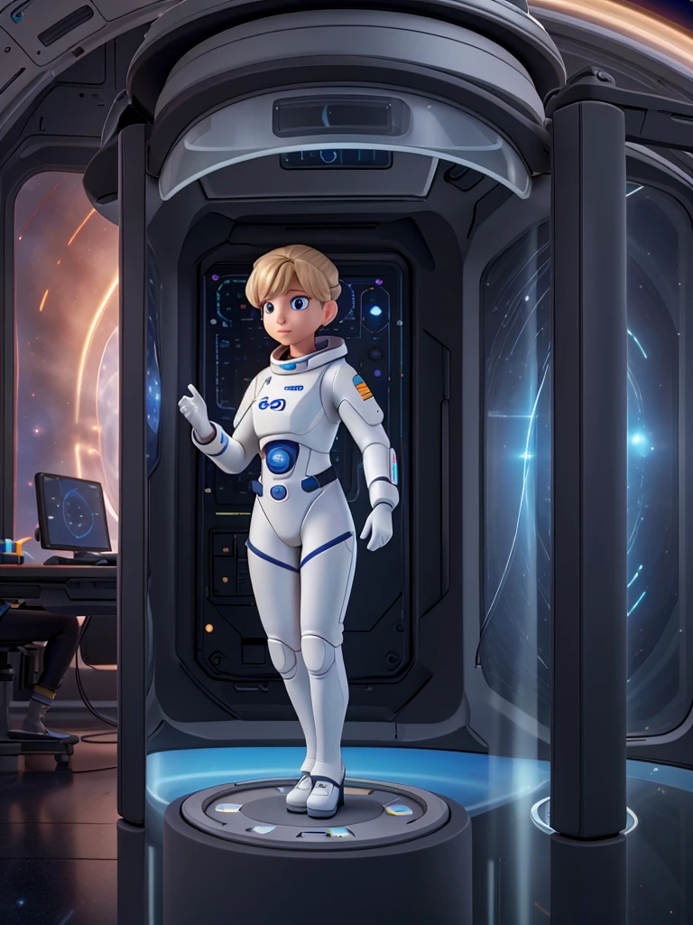 Superb quality, a floating female astrologer in spacesuit, Extravehicular Mobility Unit, floats around inside a spacelab surrounded with monitors and computer equipment, 8K, ultra high definition, science fiction, zero gravity