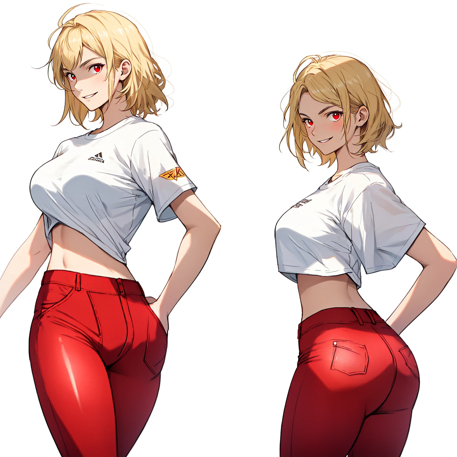  name zoe. 20 year old teenager, beautiful angelic face. Red eyes. White skin color. height 1,70, retail physicist, large and firm breasts, Short blonde hair. Clothes, T-shirt at the height of the abdomen. tight red pants. body detail, standing in straight and firm posture looking towards the camera with serious cheerful look. with one hand touching his hair