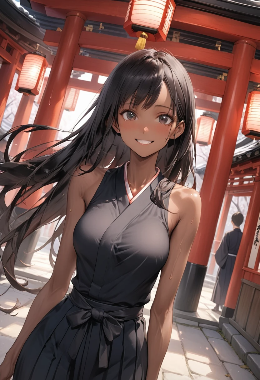 (masterpiece,Highest quality:1.3,best quality illustration),cowboy shot,1woman,25 year old Japanese beauty、black hair,long hair,bangs,black eyes,almond eyes,((very small head:1.3)),shy,smile,((very long body:1.2)),medium breasts,(tan skin, gleaming skin,toned body,slender body, skinny),sweat,(Black kimono、Black Hakama),standing,shrine、