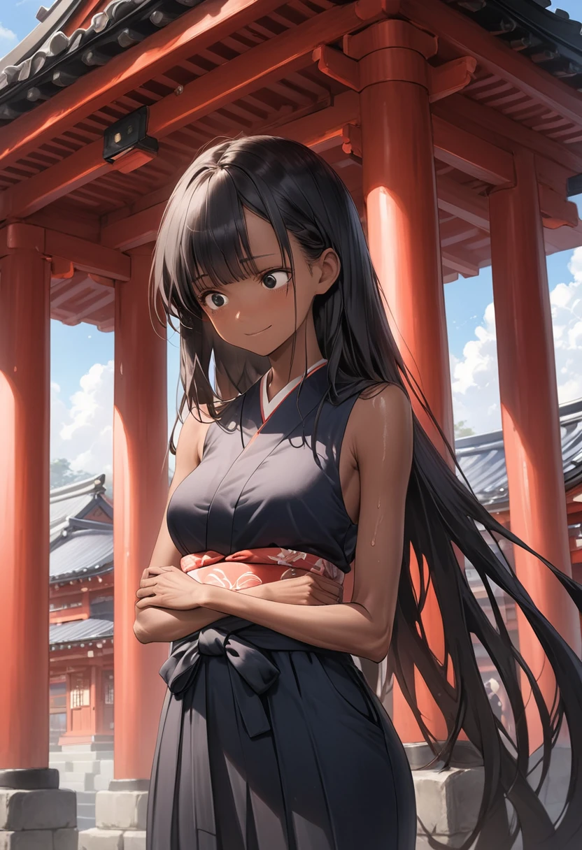 (masterpiece,Highest quality:1.3,best quality illustration),cowboy shot,1woman,25 year old Japanese beauty、black hair,long hair,bangs,black eyes,gorgeous eyes,((very small head:1.3)),shy,smile,((very long body)),medium breasts,(tan skin, gleaming skin,toned body,slender body, skinny),sweat,(Black kimono、Black Hakama),standing,shrine、