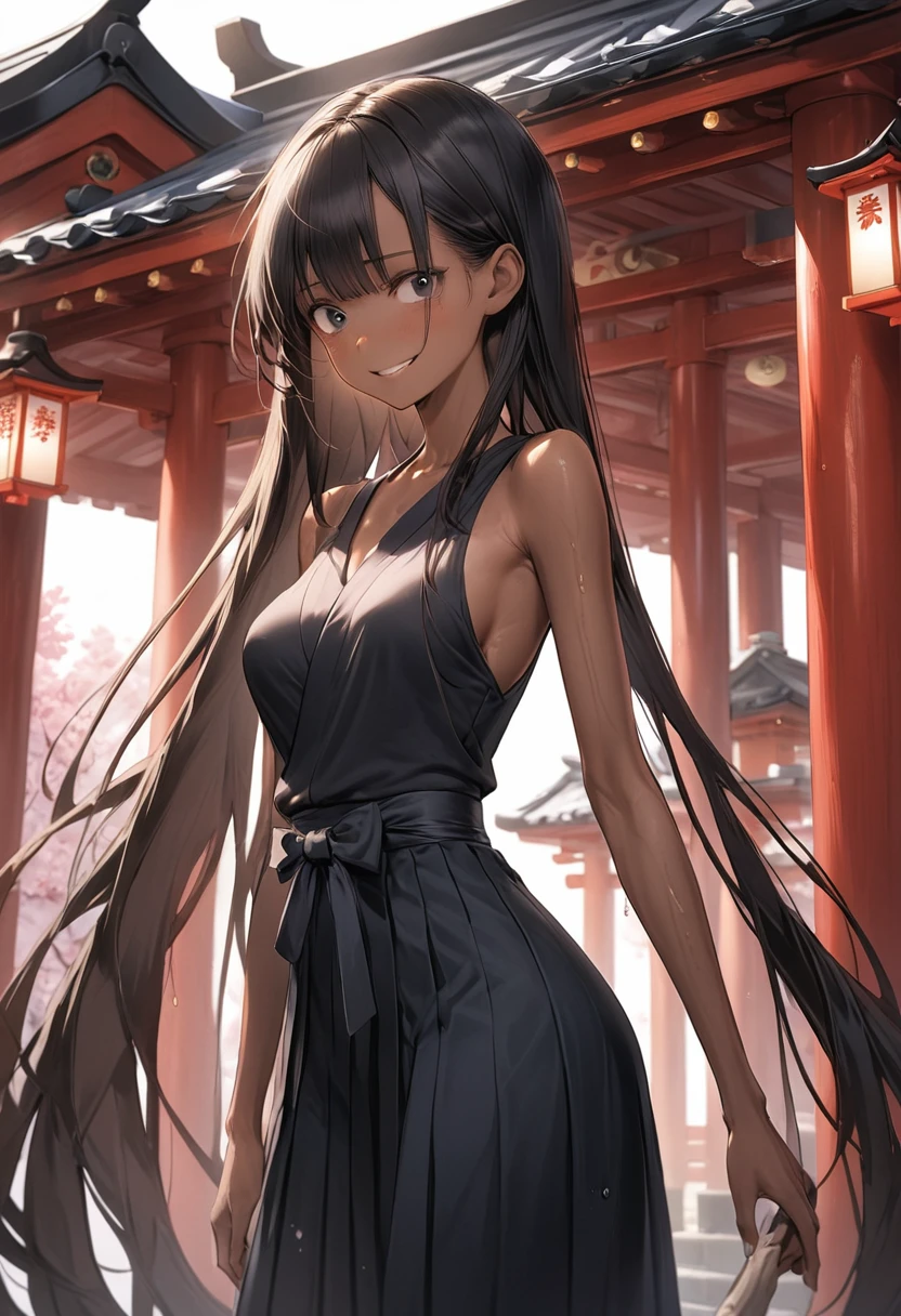 (masterpiece,Highest quality:1.3,best quality illustration),cowboy shot,1woman,25 year old Japanese beauty、black hair,long hair,bangs,black eyes,almond eyes,((very small head:1.3)),shy,smile,((very long body:1.2)),medium breasts,(tan skin, gleaming skin,toned body,slender body, skinny),sweat,(Black kimono、Black Hakama),standing,shrine、