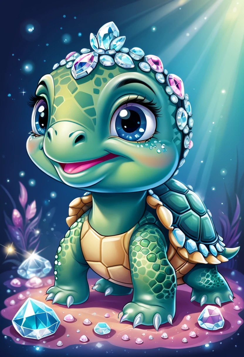 Cartoon illustration of baby turtle with hoof studded in crystals, Portrait of a cartoon animal, magical character, official illustration, cute portrait of a baby turtle with hoof studded in crystals