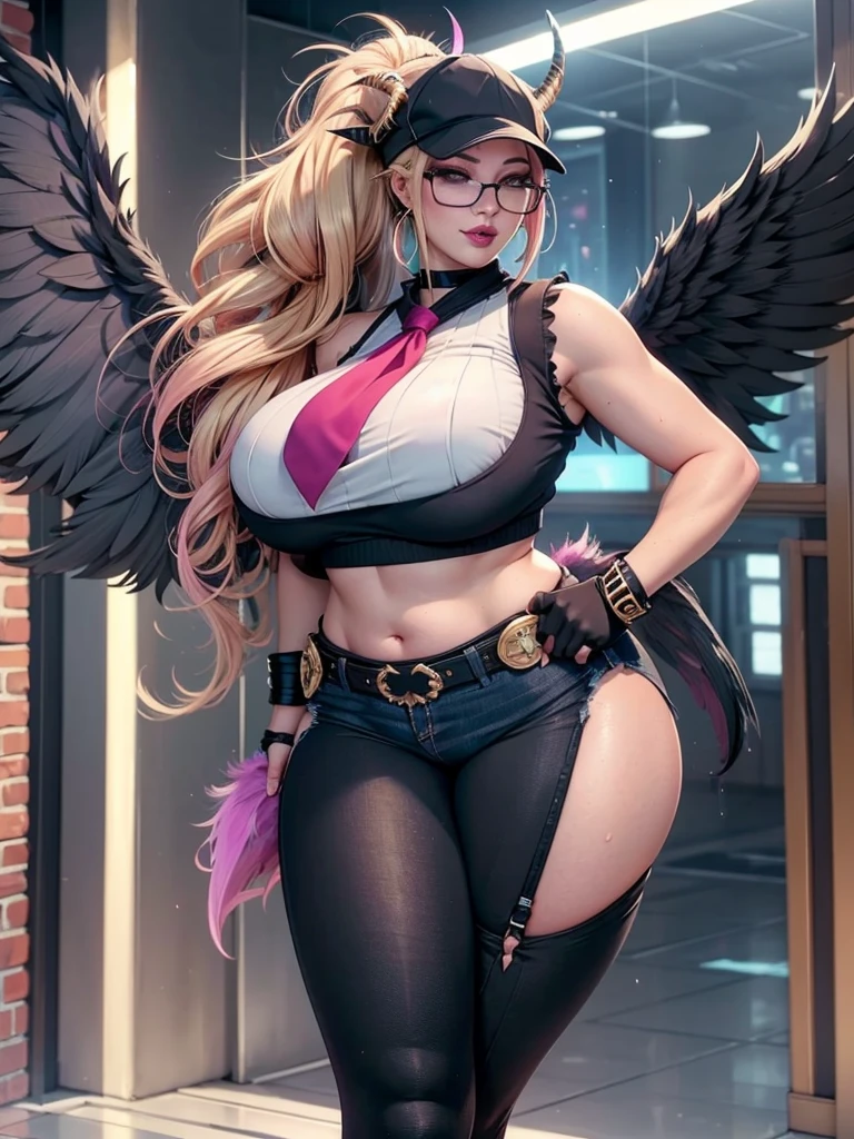 realisticlying,22yo girl,Blonde short、big body, sexy lingerie lace black ,perfect eyes, hair bunches、very very long hair, ultradetailed hair, body nylon sexy, Breasts enlarged、 big body, blonde, woman 1.90 CM,ponytail, ((hair over eyes)),perfect mouth, massive big bounce oppai, WET SKIN, (masterpiece, best quality:1.2), 1girl, solo, city background, haze \(fortnite\), Harpy Haze From fortnite, 1girl, earrings, glasses, hat, jewelry, lips, long hair, looking at viewer, makeup, nail polish, pink eyes, pink hair, pink nails, smile, sunglasses, tinted eyewear, belt, black pants, crop top, eyeshadow, midriff, navel, pants, choker, fingernails, round eyewear, sharp fingernails, standing, black feathers, black headwear, hoop earrings, horned headwear, horns, denim, winged arms, feather trim, star \(symbol\), elbow gloves, dark pink lips, feathers, heels, shoes, angel wings, bangle, black wings, crop top overhang, feathered wings, harpy, low wings, multicolored hair, multicolored wings, pink wings, wings, fingerless gloves, shirt, long fingernails, boater hat, bootcut pants, leather pants, sleeves, black sleeves,massive big bounce oppai,massive big bounce oppai,massive big bounce oppai,big bounce oppai,big bounce oppai,ultra massive breast,