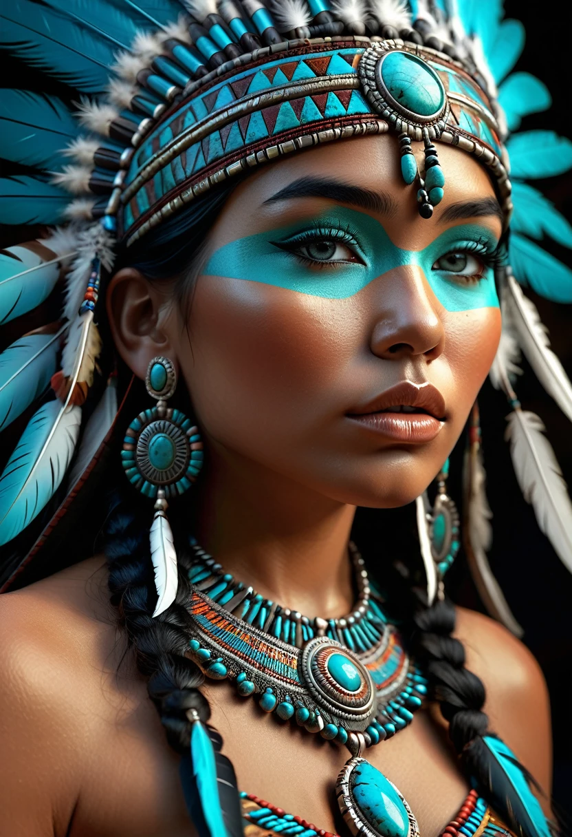 intricate turquoise stone sculpture, american indian female,beautiful detailed eyes,beautiful detailed lips,extremely detailed face,long eyelashes,feathered headdress,ornate jewelry,traditional tribal patterns,masterpiece,hyper realistic,cinematic lighting,dramatic shadows,vibrant colors,award winning digital art