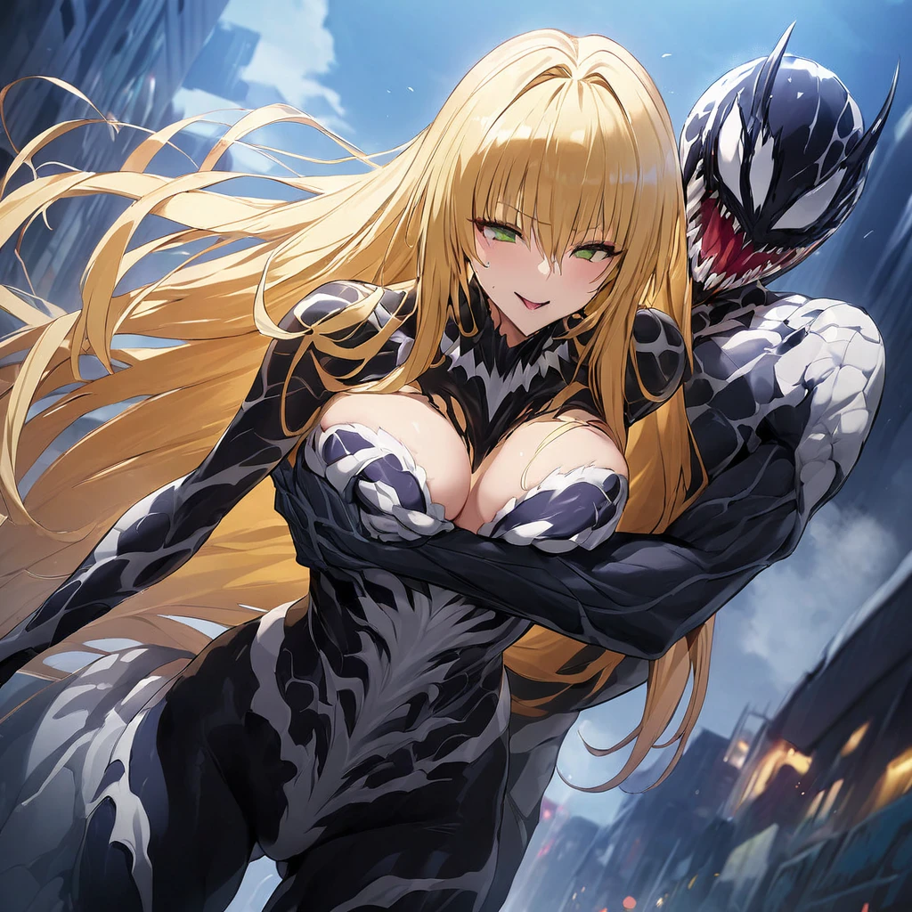 ((Highest quality)), ((masterpiece)), (detailed), （Perfect Face）、The Venom woman is Tearju, a green-eyed, blonde, medium-long-haired female Venom, whose body has been completely transformed into Venom and who is wearing a Venom suit that fits her entire body, including her head, covering her completely, and she has been reborn as the Venom Queen.、The woman is happily clinging to the arm of the male Venom King.、The man is a strong and dignified Venom King who dotes on women.