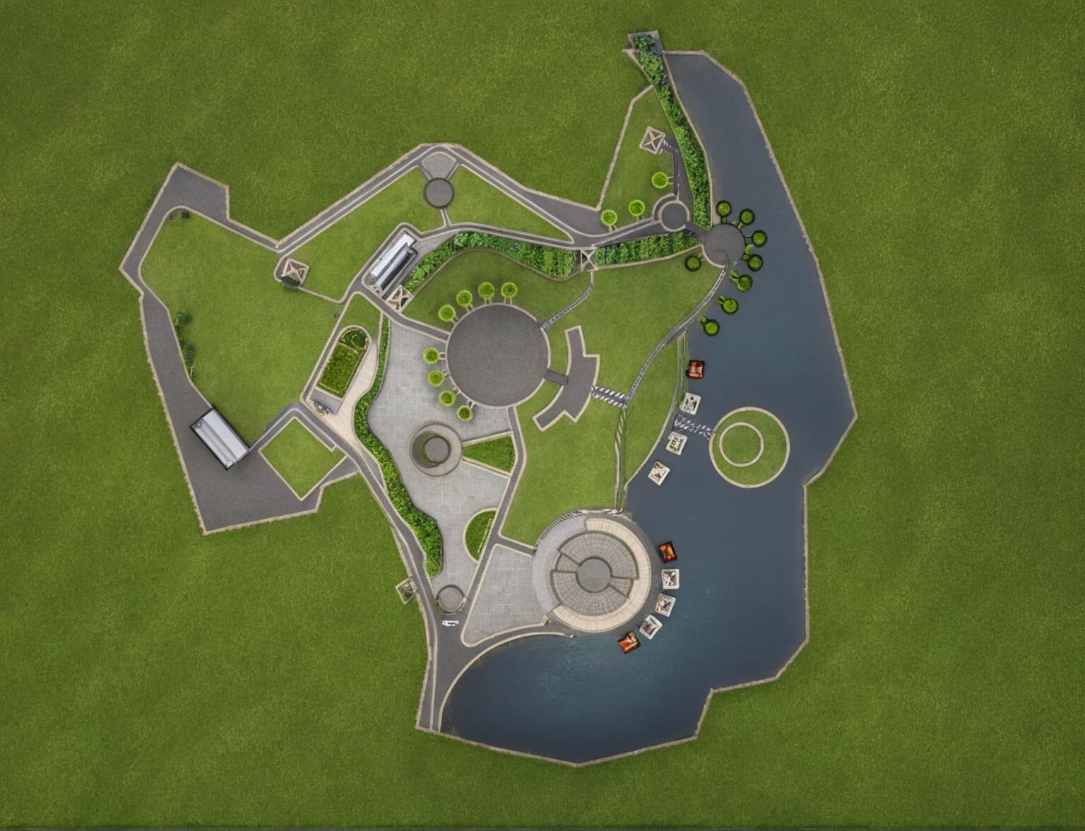 Masterpiece, high quality, best quality, authentic, super detail, outdoors, topview, masterplan, garden landscape, river across, road, pavement, grass, trees (day:1.1), realistic lighting