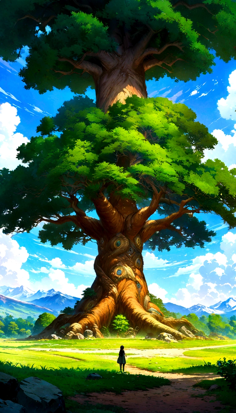 a painting of a person standing under a tree in a field, background art, high detailed official artwork, background artwork, anime background art, mobile game background, giant tree, digital painting highly detailed, world tree, the world tree, anime nature, large tree, anime background, highly detailed 4 k art, the tree of life, rich tree, detailed game art