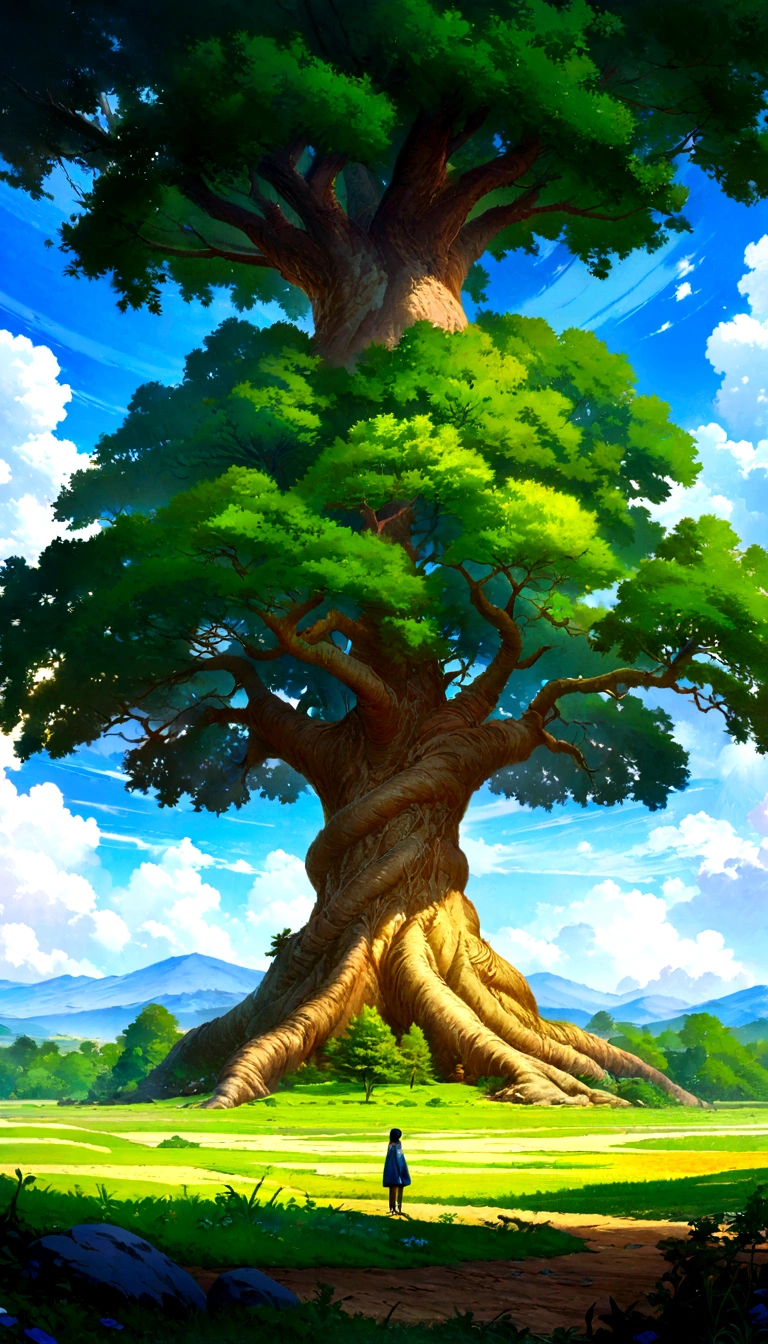 a painting of a person standing under a tree in a field, background art, high detailed official artwork, background artwork, anime background art, mobile game background, giant tree, digital painting highly detailed, world tree, the world tree, anime nature, large tree, anime background, highly detailed 4 k art, the tree of life, rich tree, detailed game art