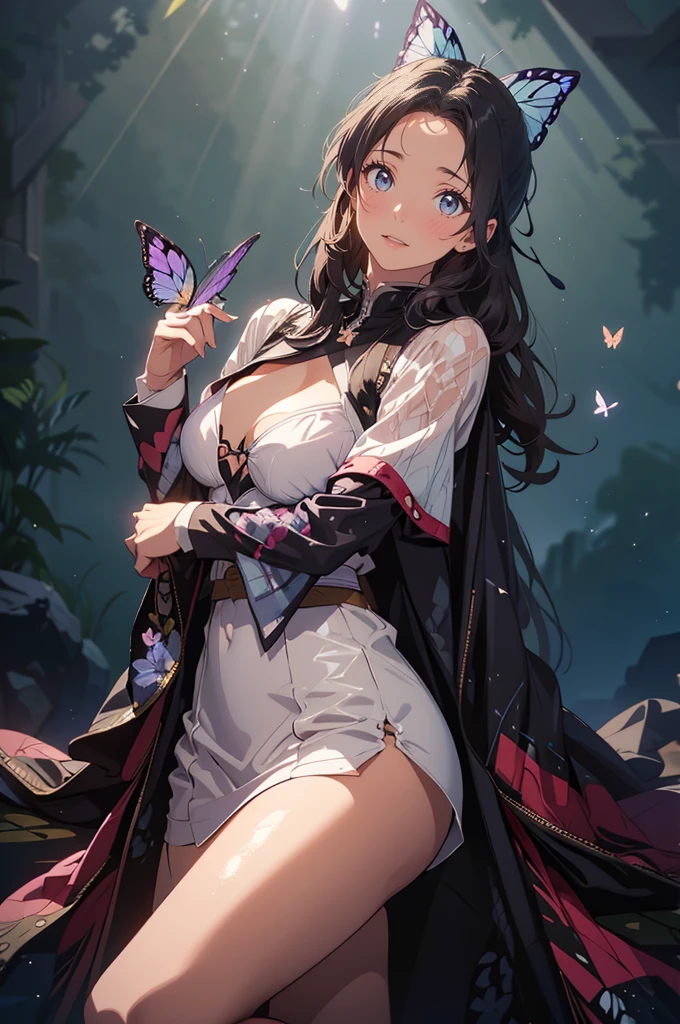 ultra-detailliert、girl1、top-quality、Masterpiece、Tsuyuri Kanao A dark-haired、Blunt bangs、butterfly hair ornament Off-shoulder cloak、skirt by the cleavage of the breast、Soft thighs、shoulder、鎖骨 Boldly open legs、Squat and open legs Background with、Butterfly House