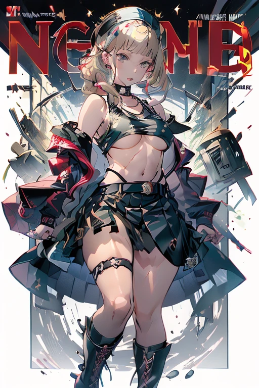 (masterpiece:1.2), (Military uniform magazine cover:1.4),best quality,PIXIV,Sweet girl , sexy posture,1girl, (perky chest:1.2), rolling upskirt by wind:1.6, (with sparkling eyes and a contagious smile),open mouth, (pointed chest:1.2),fishnets, black hair, boots, long hair, black nails, skirt, shirt, black footwear, bag, black skirt, jewelry, jacket,  thigh strap, bangs, necktie, earrings, nail polish, multicolored hair, looking at viewer, full body, bottle, own hands together, belt, jacket on shoulders, food, cats on head, ring, choker, english text, collared shirt, blue eyes, hat, lace-up boots ,masterpiece、highest quality、Very detailed、An illustration、Beautiful fine details、One Girl、cute、Detailed landscape、Training Room Background:1.4、Platinum Blonde Hair、Braided Ponytail、Red camisole、((c cup breasts, Tank top showing underboob:1.4))
