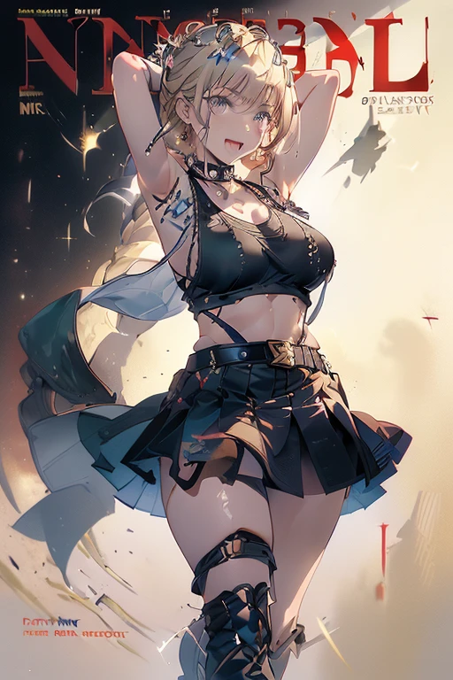 (masterpiece:1.2), (Military uniform magazine cover:1.4),best quality,PIXIV,Sweet girl , sexy posture,1girl, (perky chest:1.2), rolling upskirt by wind:1.6, (with sparkling eyes and a contagious smile),open mouth, (pointed chest:1.2),fishnets, black hair, boots, long hair, black nails, skirt, shirt, black footwear, bag, black skirt, jewelry, jacket,  thigh strap, bangs, necktie, earrings, nail polish, multicolored hair, looking at viewer, full body, bottle, own hands together, belt, jacket on shoulders, food, cats on head, ring, choker, english text, collared shirt, blue eyes, hat, lace-up boots ,masterpiece、highest quality、Very detailed、An illustration、Beautiful fine details、One Girl、cute、Detailed landscape、Training Room Background:1.4、Platinum Blonde Hair、Braided Ponytail、Red camisole、((c cup breasts, Tank top showing underboob:1.4))
