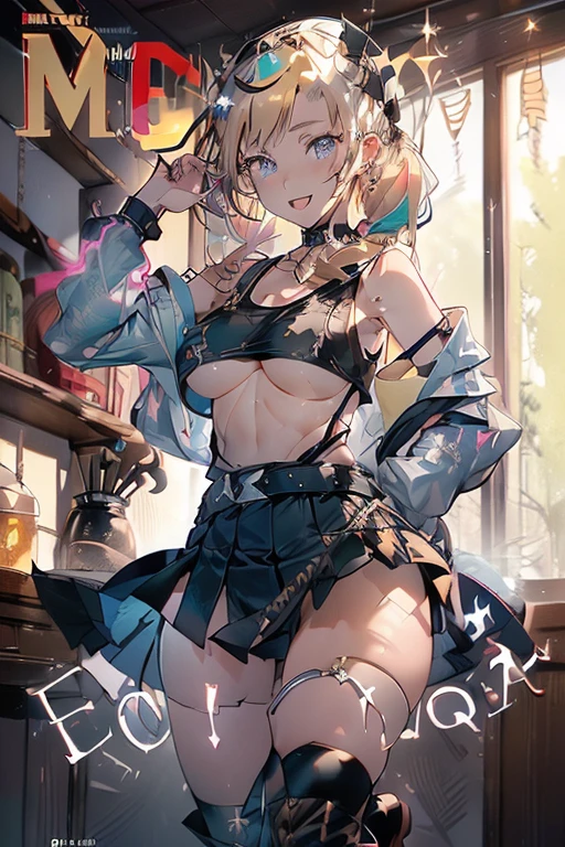 (masterpiece:1.2), (Military uniform magazine cover:1.4),best quality,PIXIV,Sweet girl , sexy posture,1girl, (perky chest:1.2), rolling upskirt by wind:1.6, (with sparkling eyes and a contagious smile),open mouth, (pointed chest:1.2),fishnets, black hair, boots, long hair, black nails, skirt, shirt, black footwear, bag, black skirt, jewelry, jacket,  thigh strap, bangs, necktie, earrings, nail polish, multicolored hair, looking at viewer, full body, bottle, own hands together, belt, jacket on shoulders, food, cats on head, ring, choker, english text, collared shirt, blue eyes, hat, lace-up boots ,masterpiece、highest quality、Very detailed、An illustration、Beautiful fine details、One Girl、cute、Detailed landscape、Training Room Background:1.4、Platinum Blonde Hair、Braided Ponytail、Red camisole、((c cup breasts, Tank top showing underboob:1.4))
