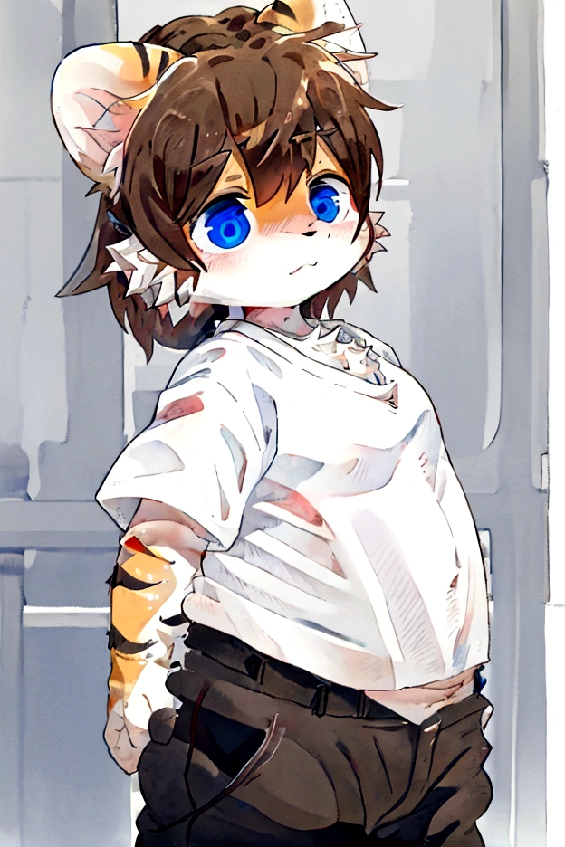 A Tiger with white and black fur, blue eyes have the irises are white, have chubby body, Wear another shirt with a collar with white and red, White inner shirt, yellow brown pants