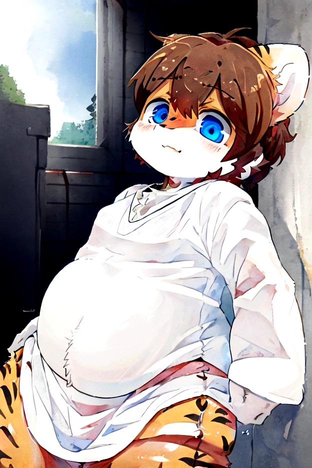 A Tiger with white and black fur, blue eyes have the irises are white, have chubby body, Wear another shirt with a collar with white and red, White inner shirt, yellow brown pants