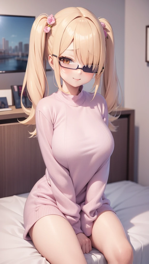 Anime girl with long blonde hair sitting on a bed in a room,  en vestido, small curvy , seductora chica de anime, Anime CG arte suave, Anime Moe Artstyle, sonrisa burlona, linda chica de anime, Thicc, Lindo Anime Waifu en un bonito vestido, commission for high resolution, Chica anime, Estilo anime ecchi, Anime Waifu