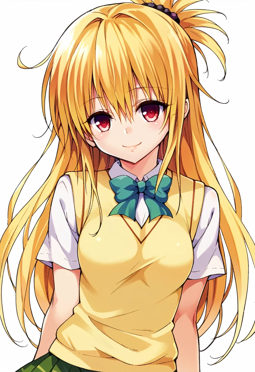 Kentaro Yabuki, love〜, ore_9, score_8_superior, score_7_superior BREAK
konjiki no yami, Red eyes, Blonde, Hair Intake, Long Hair, Hair Pod, , skirt, Sweater vest, View your viewers, A light smile, Portraiture,