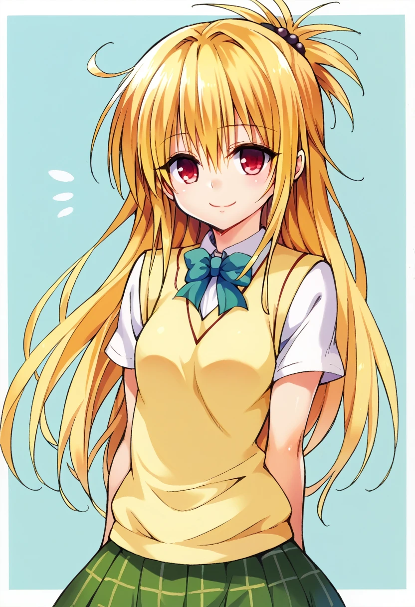 Kentaro Yabuki, love〜, ore_9, score_8_superior, score_7_superior BREAK
konjiki no yami, Red eyes, Blonde, Hair Intake, Long Hair, Hair Pod, , skirt, Sweater vest, View your viewers, A light smile, Portraiture,