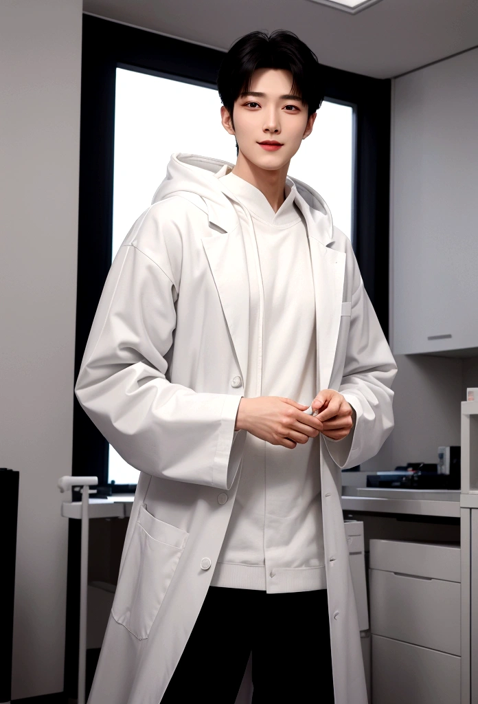 Top quality, super detailed,, (Korean), long body, (black knit)), clean lab, (beautiful), (long body)), top quality, super detailed, illustration, super detailed view, (realistic), (black hair)), one young man, (all wearing Evian), (researcher in lab coat)), (no glasses), twink, (fair skin), (knowledgeable), (Korean), long body, (white shirt)), clean lab, (beautiful), shiny hair. He is squinting his eyes and looking straight into the camera, smiling sweetly. Under his lab coat, he is wearing a black hoodie with a white hood, and black pants. The man has medium length shiny black hair and is standing with his hands in his coat pockets. The background is light and white, giving the image a clean and fresh look.