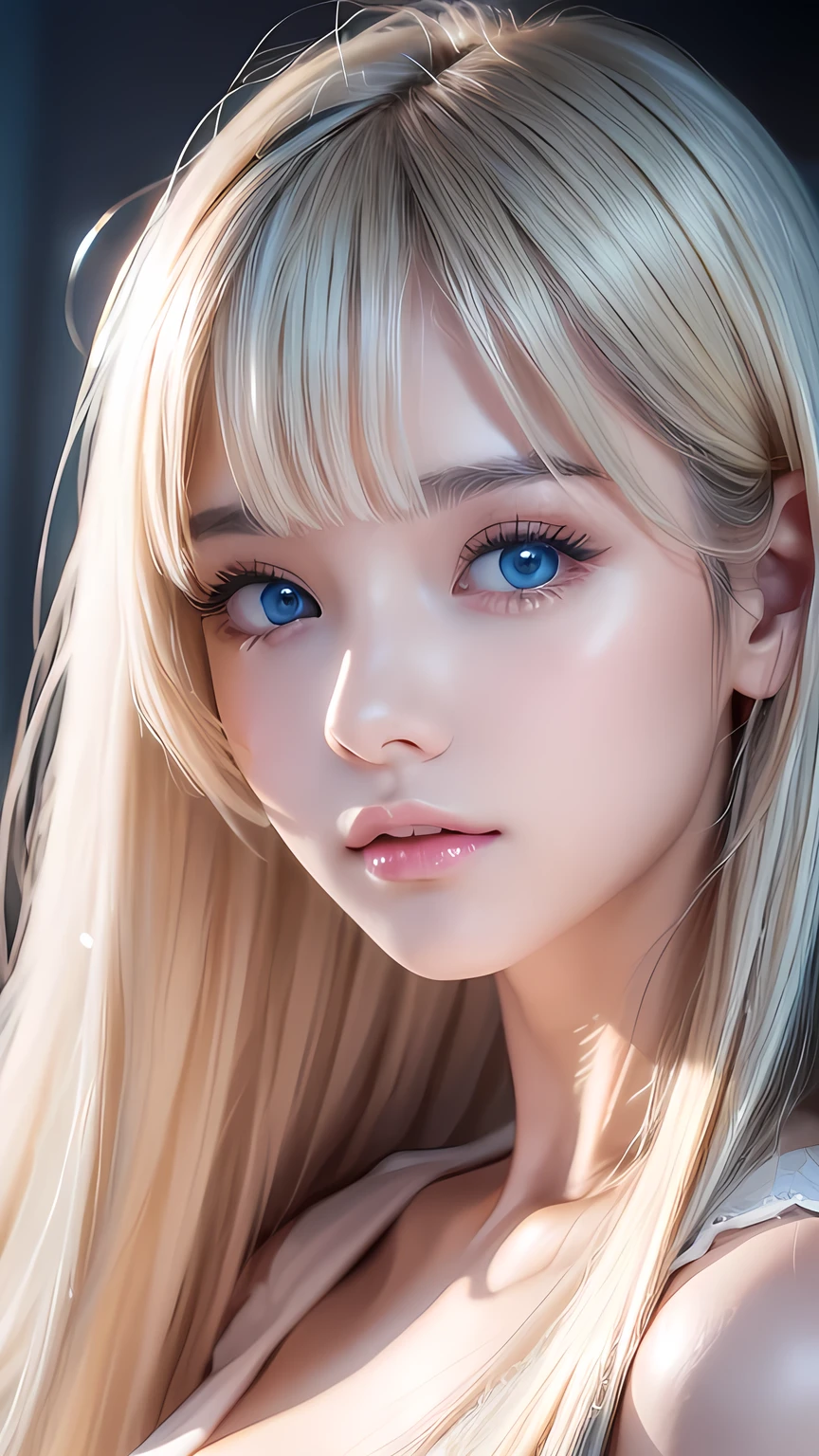 Dressed、(Photorealistic:1.4)、(ハイパーRealistic:1.4)、(Realistic:1.3)、(Smooth lighting:1.05)、(Improved cinematic lighting quality:0.9)、32k、1 Girl、A beautiful woman、Very cute expression、A beautiful 15 year old blonde girl、bangs that fall on the face、Bangs left over the eyeessy bangs between the eyes and nose、Realistic top lighting、Backlight、Face Light、Super long silky platinum hair、Blonde rays、(Bright light:1.2)、(quality improvement:1.4)、(Highest quality realistic textured skin:1.4)、Very beautiful, detailed, shiny, very bright, mint blue, large eyes、Very big eyes、Detailed face、A careful eye for quality、(Tired, sleepy and satisfied: 0.0)、Face close up、T-Shirts、(Enhances the body line:1.1)、(Enhances the beauty of skin texture:1.1)、Cheek gloss highlighter、Small Face Beauty、Round face、Very white and bright skin