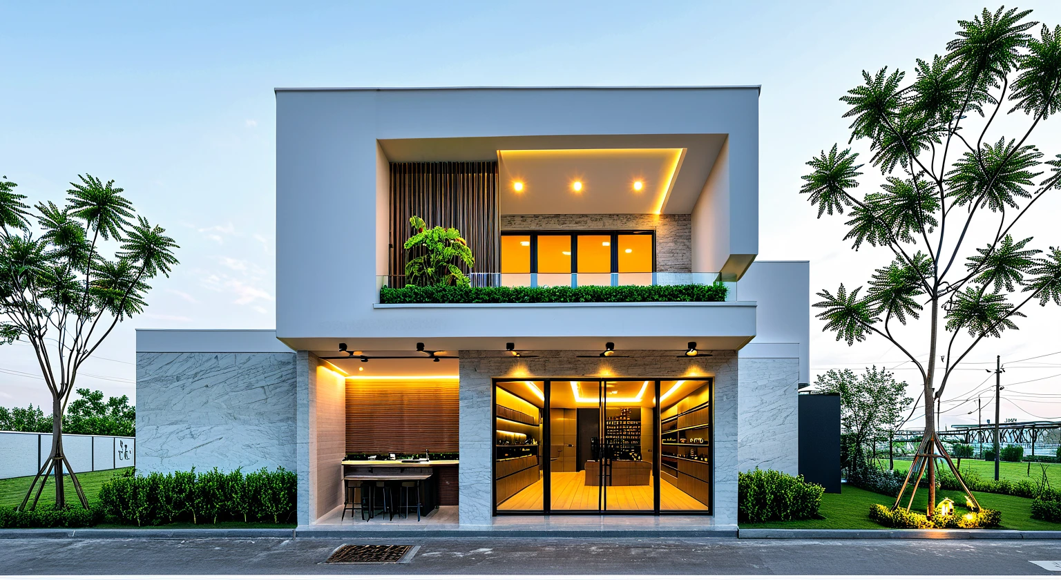 a rendering of a small building with a car parked in front of it, modern lush condo as shopfront, high detailed store, frontview, front perspective, front-view, storefront, in style of simplified realism, front elevation view, shop front, overall architectural design, facing front, front view, mid-view, architectural concept, exterior design