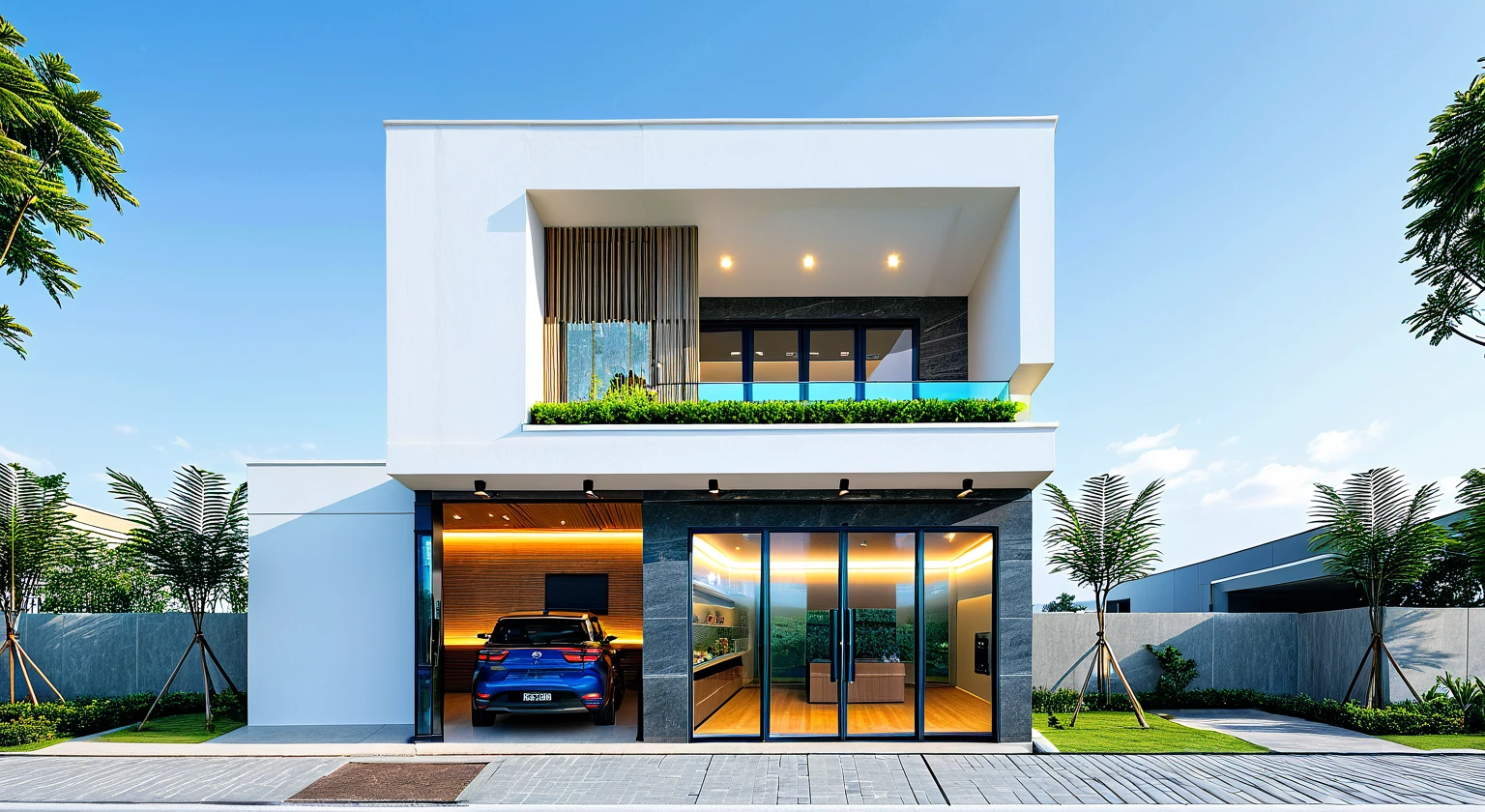 a rendering of a small building with a car parked in front of it, modern lush condo as shopfront, high detailed store, frontview, front perspective, front-view, storefront, in style of simplified realism, front elevation view, shop front, overall architectural design, facing front, front view, mid-view, architectural concept, exterior design