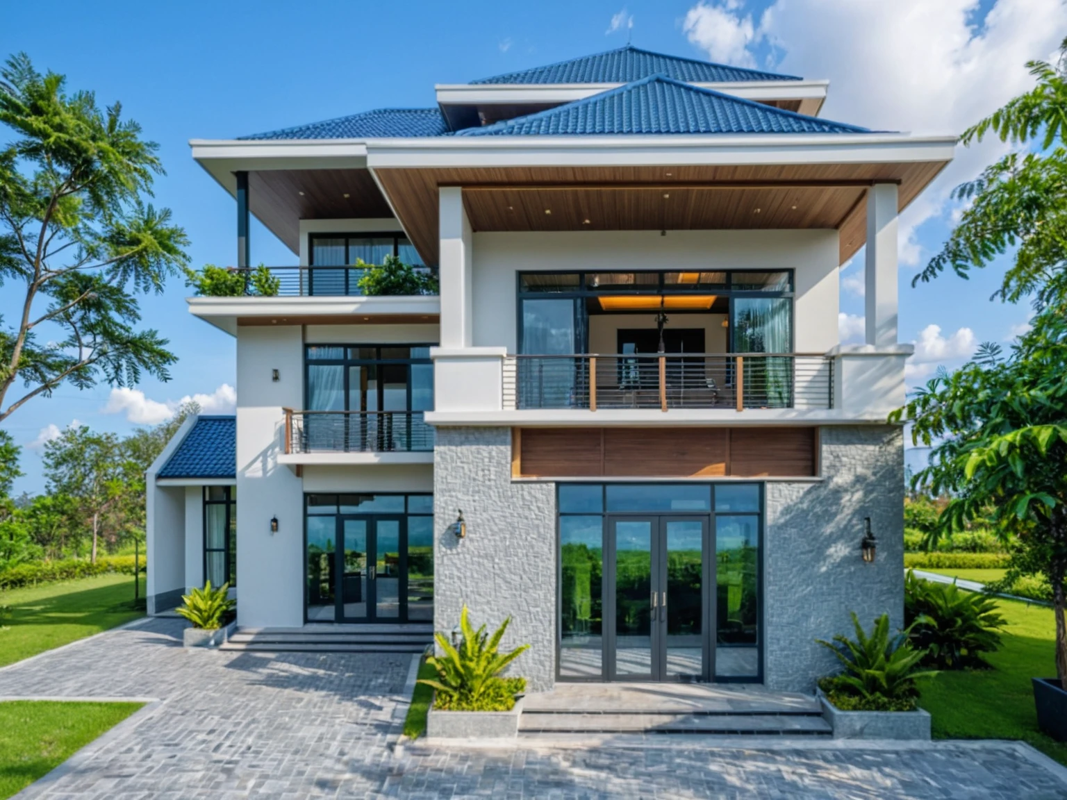 Raw photo, Masterpiece, high quality, best quality, authentic, super detail, outdoors, house style modern on the street , a traditional single-story Thai-style house, large glass window and at the first floor, blue tile roof, white wall, pavement, grass, trees, tropical plants, clear sky, cloud, (nature light), (daylight:1.2)