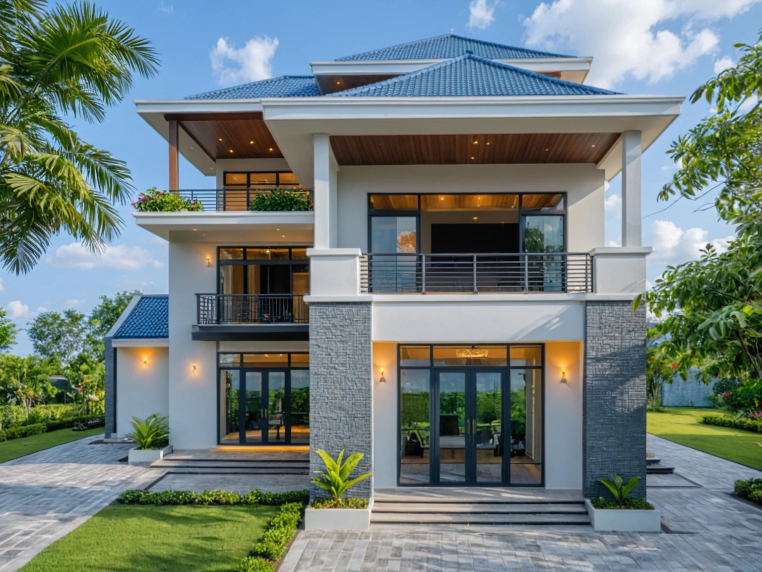 Raw photo, Masterpiece, high quality, best quality, authentic, super detail, outdoors, house style modern on the street , a traditional single-story Thai-style house, large glass window and at the first floor, blue tile roof, white wall, pavement, grass, trees, tropical plants, clear sky, cloud, (nature light), (daylight:1.2)