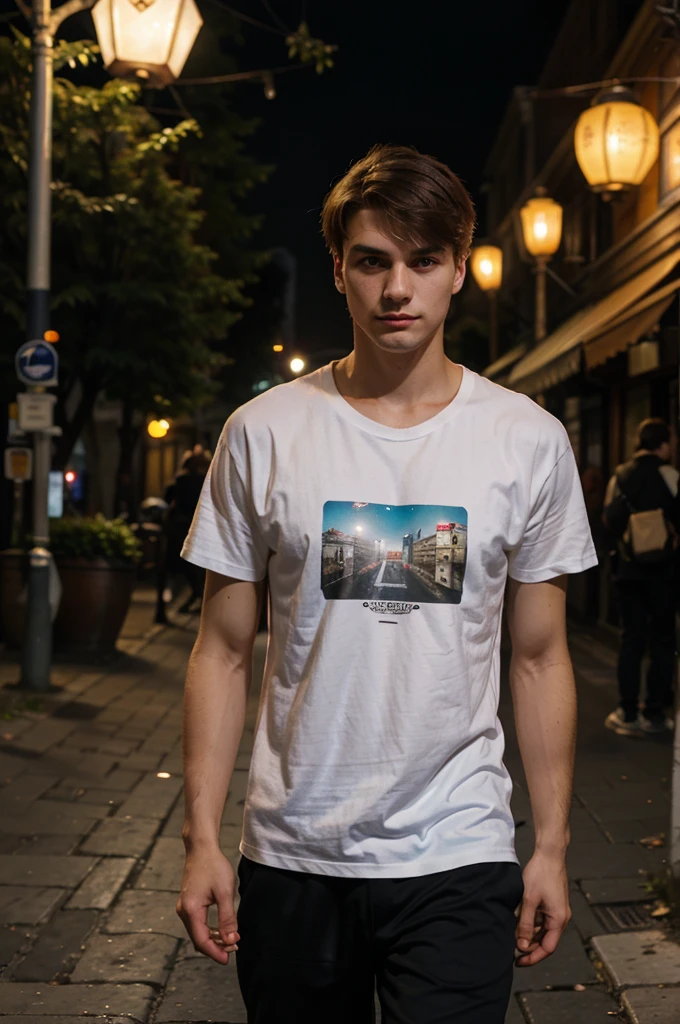 a man of Slavic appearance, 24 years old, on the street in the evening under the light of lanterns in the city in a white T-shirt