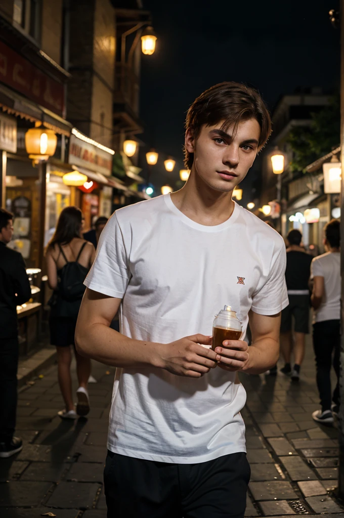 a man of Slavic appearance, 24 years old, on the street in the evening under the light of lanterns in the city in a white T-shirt