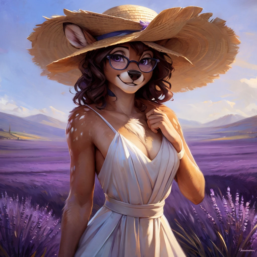 uploaded on e621, by Pixelsketcher, by Bayard Wu, by Thomas Benjamin Kennington , by Einshelm, by hioshiru and kenket, Chunie, portrait, solo anthro female deer doe, with small featureless breasts, clear dark blue, cinematic lighting, day, sunny day, lavender field, stays in a lavender field, lavender field background, mediterranean background, horizon background, shiny, short curly dark brown hair, wears big black nerd glasses, very very beautiful furry art, furry art, smiling, joyful, shiny, happy, feminine, cute face, muzzle, fluffy chest, flawless face, Fallow deer, 1girl, Sakimichan is beautiful, Masterpiece, Wavethesallow Face, shiny, Detailed image, portrait, Detailed image, portrait, full body, wearing pure white and wide spaghetti straps dress, wearing big and wide beige summer straw hat, shiny, realistic face, perfect anatomy, hourglass body, (furry body:1.1), anthropomorphic deer, looks at the viewer, small fluffy tail, detailed background, (cute anatomy:1.1), stands in a lavender field
