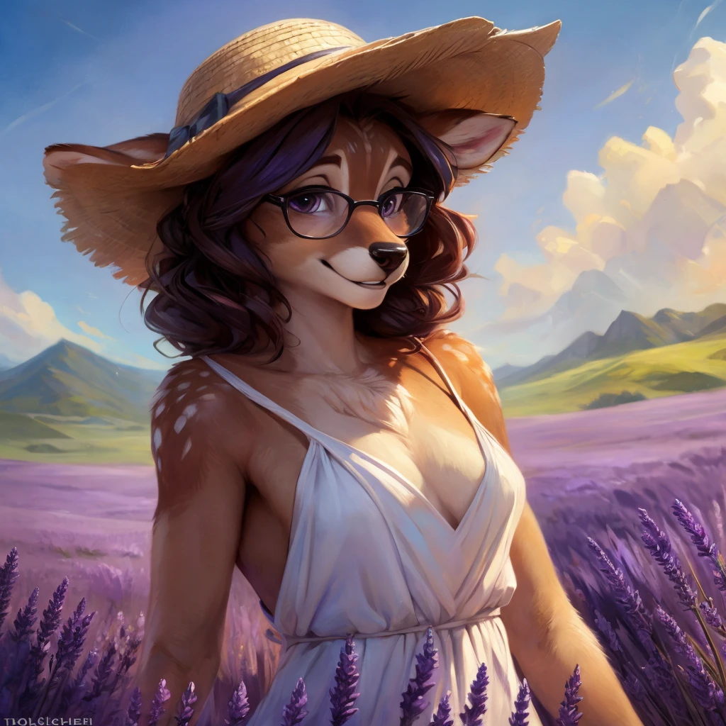 uploaded on e621, by Pixelsketcher, by Bayard Wu, by Thomas Benjamin Kennington , by Einshelm, by hioshiru and kenket, Chunie, portrait, solo anthro female deer doe, with small featureless breasts, clear dark blue, cinematic lighting, day, sunny day, lavender field, stays in a lavender field, lavender field background, mediterranean background, horizon background, shiny, short curly dark brown hair, wears big black nerd glasses, very very beautiful furry art, furry art, smiling, joyful, shiny, happy, feminine, cute face, muzzle, fluffy chest, flawless face, Fallow deer, 1girl, Sakimichan is beautiful, Masterpiece, Wavethesallow Face, shiny, Detailed image, portrait, Detailed image, portrait, full body, wearing pure white and wide spaghetti straps dress, wearing big and wide beige summer straw hat, shiny, realistic face, perfect anatomy, hourglass body, (furry body:1.1), anthropomorphic deer, looks at the viewer, small fluffy tail, detailed background, (cute anatomy:1.1), stands in a lavender field