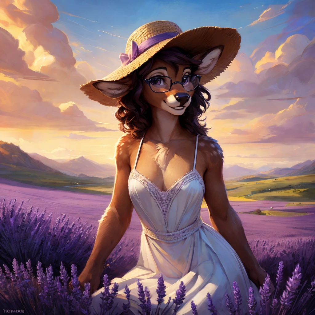 uploaded on e621, by Pixelsketcher, by Bayard Wu, by Thomas Benjamin Kennington , by Einshelm, by hioshiru and kenket, Chunie, portrait, solo anthro female deer doe, with small featureless breasts, clear dark blue, cinematic lighting, day, sunny day, lavender field, stays in a lavender field, lavender field background, mediterranean background, horizon background, shiny, short curly dark brown hair, wears big black nerd glasses, very very beautiful furry art, furry art, smiling, joyful, shiny, happy, feminine, cute face, muzzle, fluffy chest, flawless face, Fallow deer, 1girl, Sakimichan is beautiful, Masterpiece, Wavethesallow Face, shiny, Detailed image, portrait, Detailed image, portrait, full body, wearing pure white and wide spaghetti straps dress, wearing big and wide beige summer straw hat, shiny, realistic face, perfect anatomy, hourglass body, (furry body:1.1), anthropomorphic deer, looks at the viewer, small fluffy tail, detailed background, (cute anatomy:1.1), stands in a lavender field