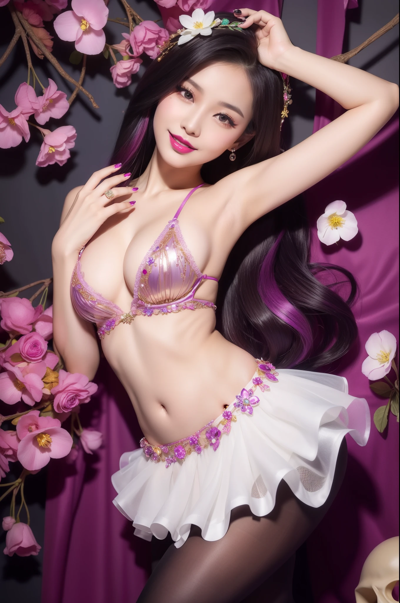 sexy Thai model who controls poison、beautiful smile、lip-gloss、bold lipstick、intense makeup、look at the camera、full body Esbian、、sparkling poisoned flower costume、、、、sparkling Colorful hair、secrete poison、skull hair accessories、sexy tights、shiny sparkling flowers background